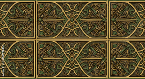 Celtic knotwork pattern gold green ornate design