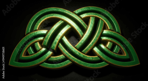 Celtic knot design with green and gold colors on black background symbolizing eternity and unity