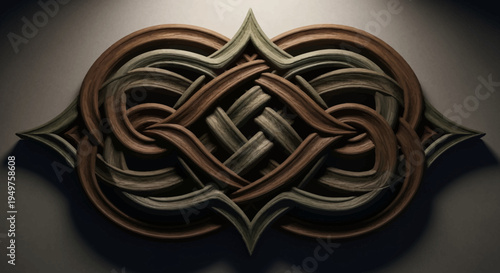 Intricate Celtic knotwork design with interwoven brown and green patterns on a dark background