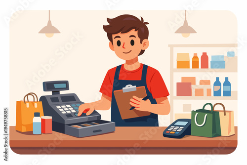 Cartoon Male Cashier Working at Store Checkout Counter with Cash Register and Clipboard. Flat Vector Illustration of Young Shop Assistant or Retail Clerk Managing Sales and Inventory in a Shop.