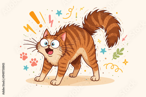 Funny Cartoon Vector Illustration of a Scared Ginger Tabby Cat with an Arched Back, Puffed Tail, and Silly Surprised Face Expression, Playful Greeting Card Design with Comic Elements and Symbols