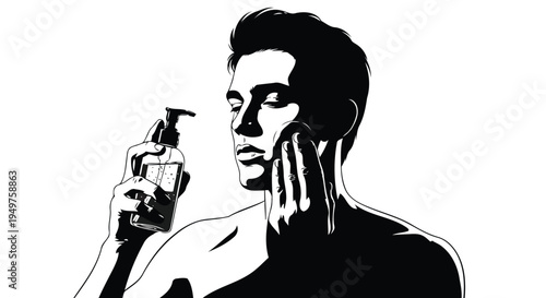Man applying facial toner with cotton pad vector art