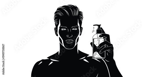 Male model presenting cleansing gel dispenser sketch