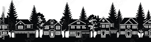 suburban houses skyline silhouette, residential neighborhood homes with trees vector illustration, suburban street landscape isolated housing skyline bundle