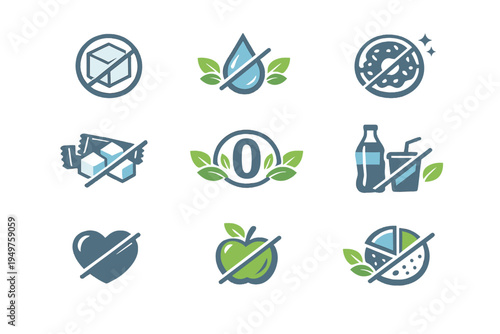 Sugar Free Icon Food Badges Vector Set Collection of Zero Sugar Stickers for Healthy Diet Nutrition and Diabetic Friendly Products Simple Flat Vector Illustration for Packaging and Labels