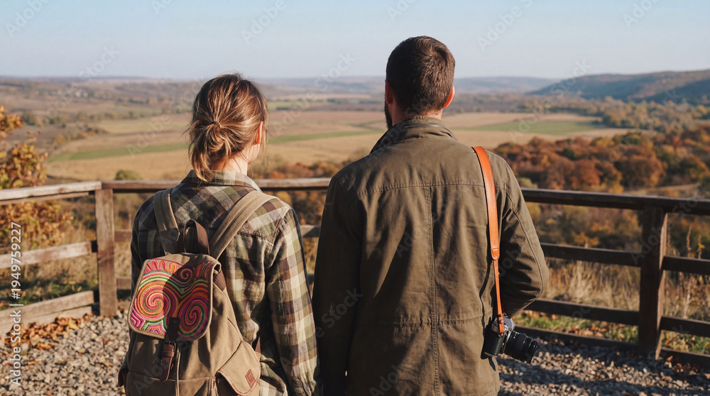 Naklejka premium Adventurous couple enjoying scenic autumn landscape from a viewpoint, ready for hiking and photography.