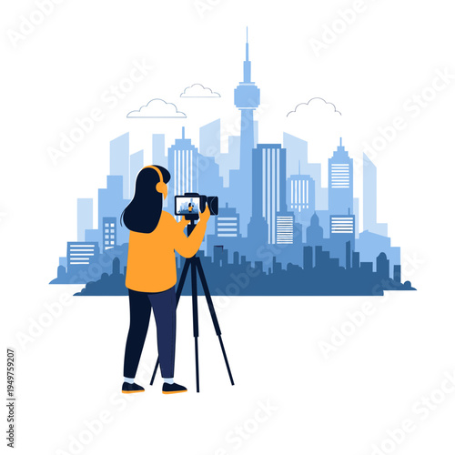 Female Videographer Capturing Cityscape with Smartphone vector illustration