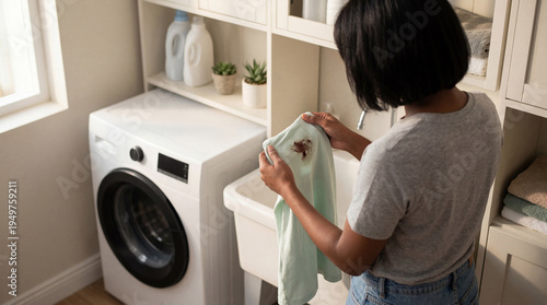 Photos Frustrated young African American woman holding a stained t-shirt, inspecting it in a bright laundry room