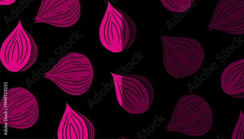 Red Onion Seamless Pattern. Fresh Vegetable Slice Illustration. Hand Drawn Culinary Ingredient. Repeating Kitchen Food Background.