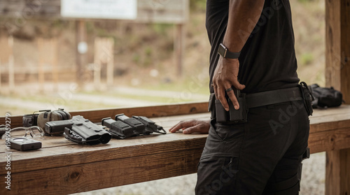 Photos Male shooter leaning on a wooden table with tactical equipment at an outdoor gun range, preparing for practice