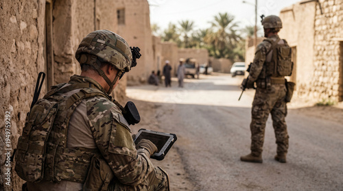 Φωτογραφία Military soldier in camouflage uniform using a rugged digital tablet during a patrol in a sunlit desert village