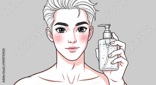 Anime boy with silver hair holding beauty serum art