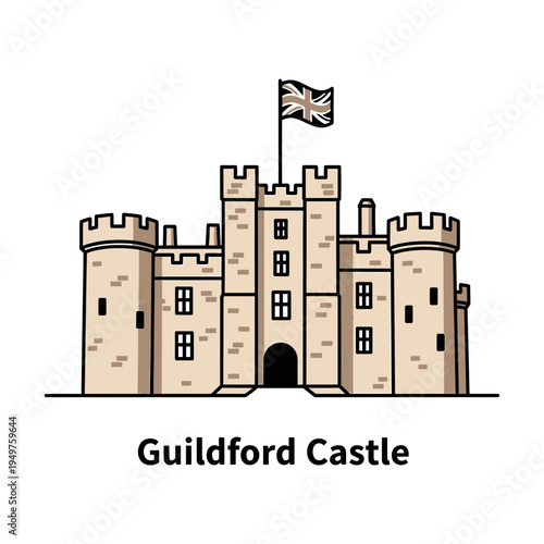 Guildford Castle with Union Jack Flag vector illustration