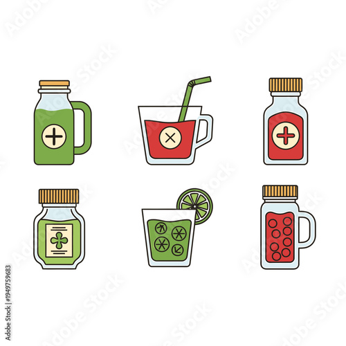 Various Alternative Medicine Drinks and Potions vector illustration