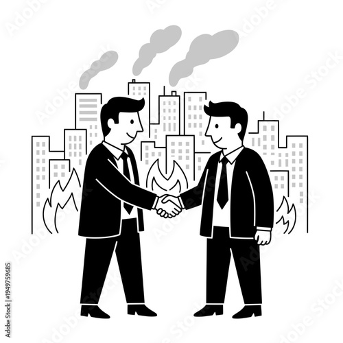 Handshake in Front of Burning City vector illustration