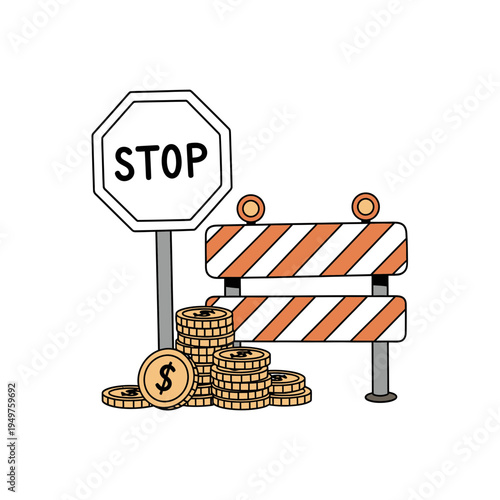 Financial Blockade with Stop Sign and Gold Coins vector illustration