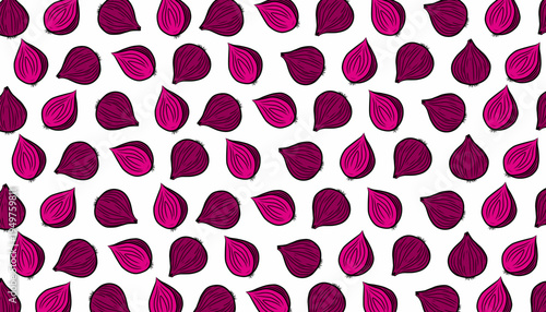Red Onion Seamless Pattern. Fresh Vegetable Slice Illustration. Hand Drawn Culinary Ingredient. Repeating Kitchen Food Background.