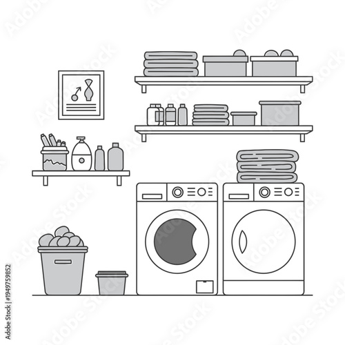 Laundry Room Interior with Washing Machine Line Art vector illustration