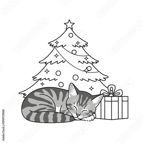 Sleeping Cat Near Christmas Tree Outline vector illustration