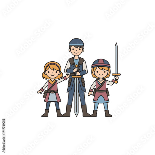 Family Dressed Up as Medieval Warriors vector illustration