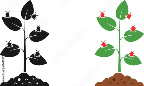 Plant with insects pest infestation icon set, garden plant disease and bugs on leaves vector illustration
