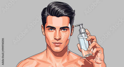 Men skincare grooming vector portrait with serum