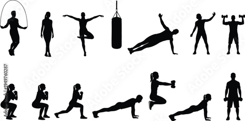 fitness workout silhouette set, people exercising gym training poses collection, sport exercise vector illustration isolated bundle