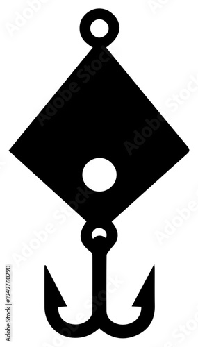 Solid black filled icon of fishing hook with diamond shaped lure and warning symbol
