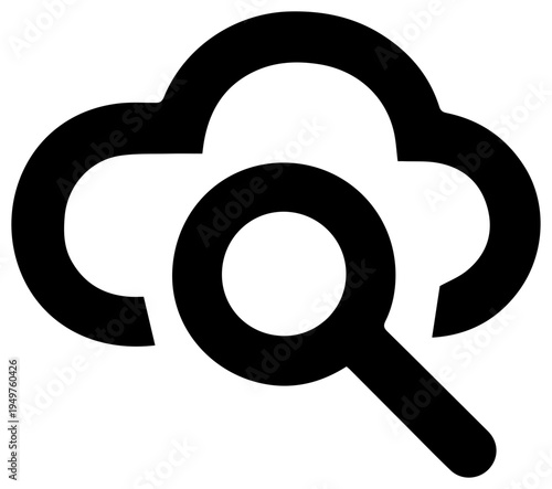 Black cloud icon with magnifying glass for forensic log investigation and digital data analysis