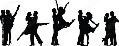 romantic dancing couple silhouette set, man lifting woman dance poses collection, love partner black vector isolated illustration