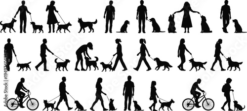 dog walking people silhouette set, pet owner with dogs collection, man woman training playing black vector illustration