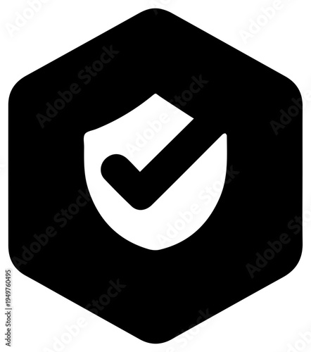 Solid black filled icon of consent management user symbol with checkmark in shield on hexagonal background