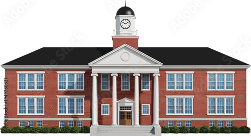 Classic university campus building with clock tower, academic school architecture facade, educational institution vector illustration