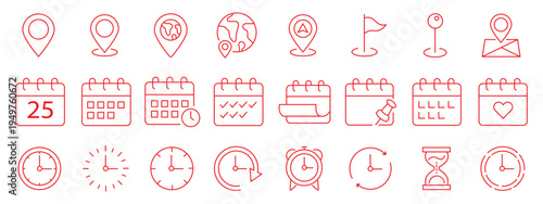 Time, date and location editable stroke outline icons set. Address line icons and navigation outline icons set. isolated on white background.