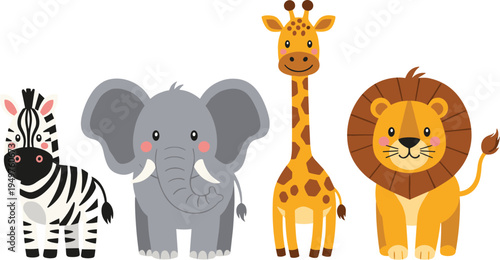 Cute zebra elephant giraffe and lion cartoon animal characters set, adorable safari wildlife collection for kids vector illustration