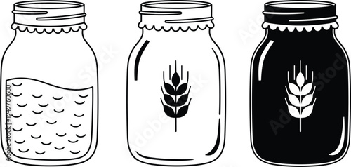 Glass food storage jar illustrations set, grain rice and wheat containers, kitchen ingredient packaging vector collection
