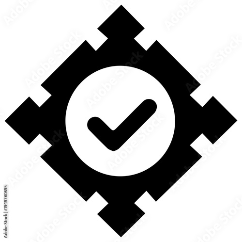Solid black filled icon of digital signature sign with checkmark in white circle on geometric background