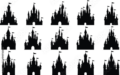 fairytale castle silhouette set, fantasy medieval palace towers collection, princess kingdom black vector isolated architecture illustration pack