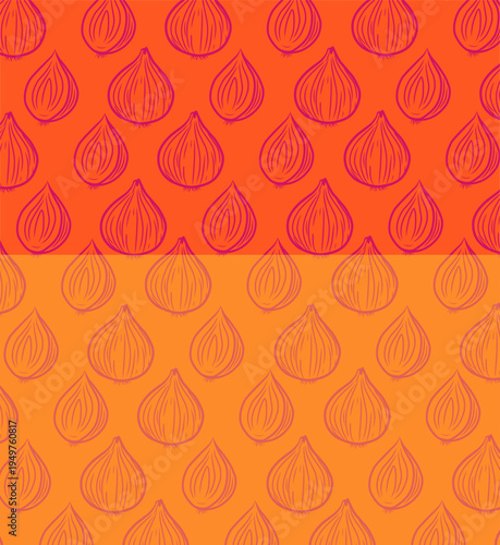 Red Onion Seamless Pattern. Fresh Vegetable Slice Illustration. Hand Drawn Culinary Ingredient. Repeating Kitchen Food Background.