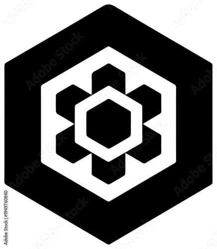 Solid black filled icon of ethical ai responsible development concept with white hexagon design