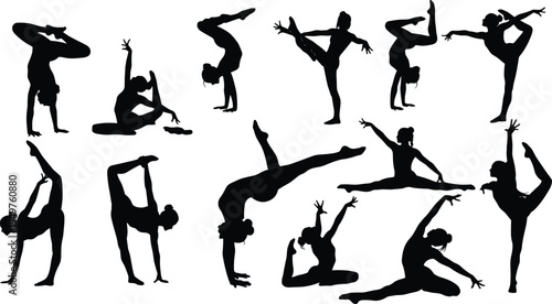 gymnast silhouette set, female acrobat dancer performing flexibility poses collection, rhythmic gymnastics black vector isolated illustration pack