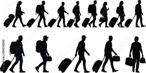 traveler silhouette set, people walking with luggage and backpacks airport travel poses collection, tourist vector isolated illustration