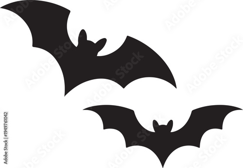 Two stylized bats flying in a minimalist black and white design