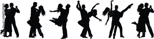 dancing couple silhouette set, romantic ballroom dance partners poses collection, man and woman black vector isolated illustration