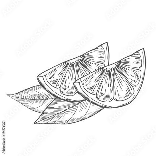 Lime half with leaves hand drawn isolated on white background. Sketch of lemon in section. Vector illustration