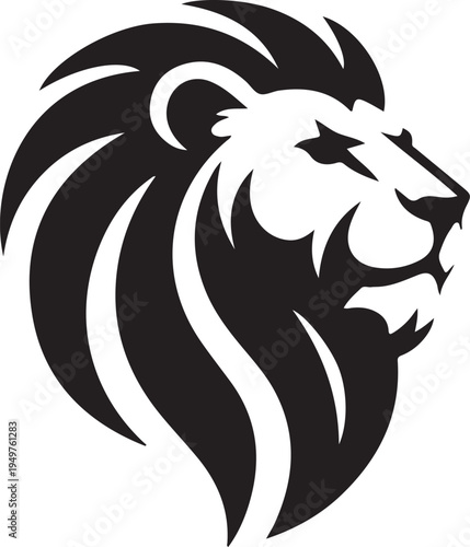 Majestic black and white lion head profile illustration with flowing mane