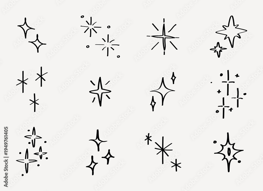 Fototapeta premium Hand-drawn star sparkle icons element vector set