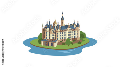 A majestic castle sits on a small island surrounded by water with trees and greenery