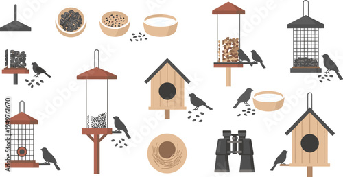 Bird Feeders, Birdhouses, and Seed Bowls Set with Birds, Binoculars, and Nesting Materials for Birdwatching and Outdoor Care