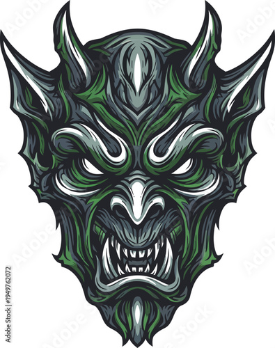 Detailed Illustration of a Fierce Demonic Creatures Face.